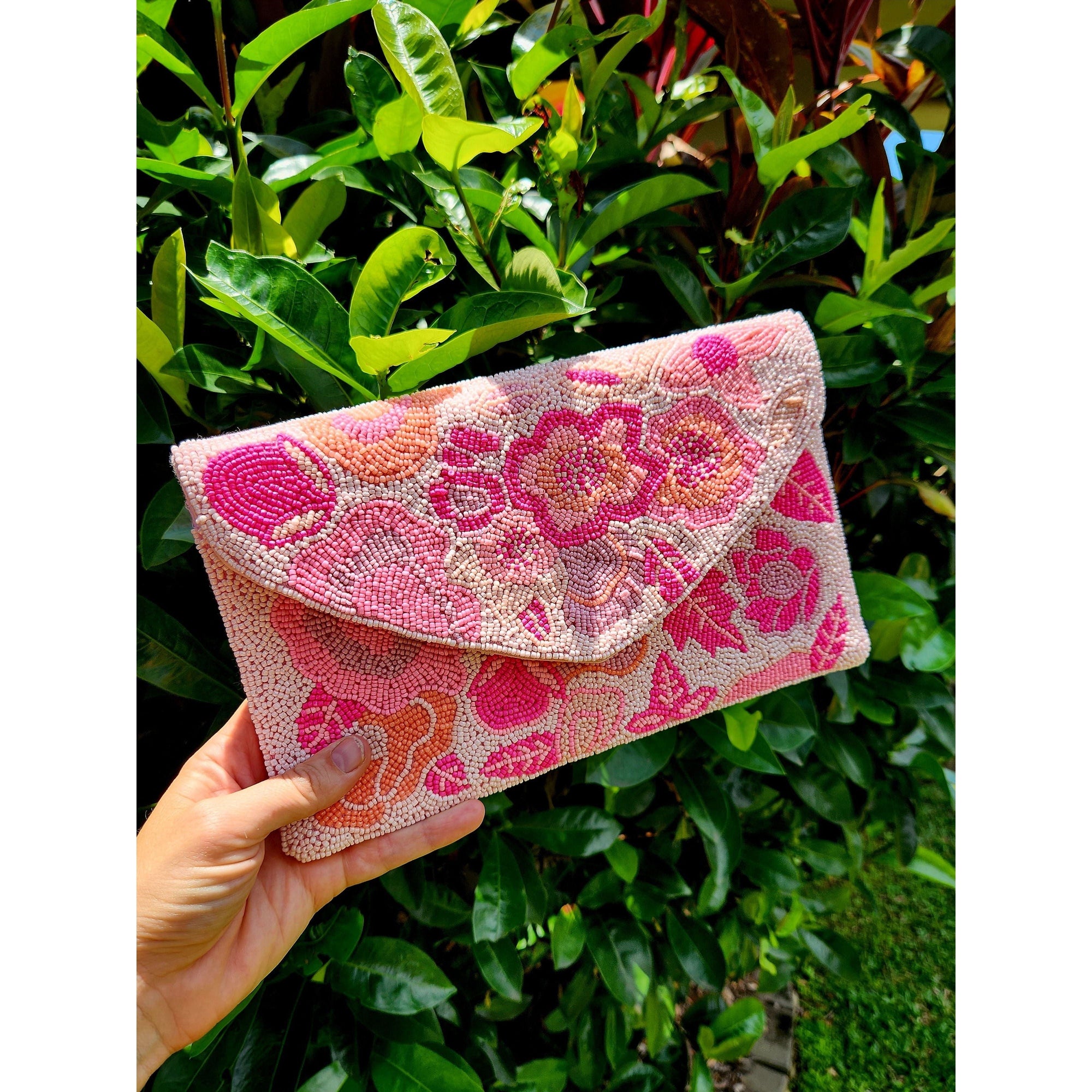 Beaded Clutch - Bright Pink Floral