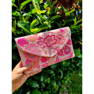 Beaded Clutch - Bright Pink Floral