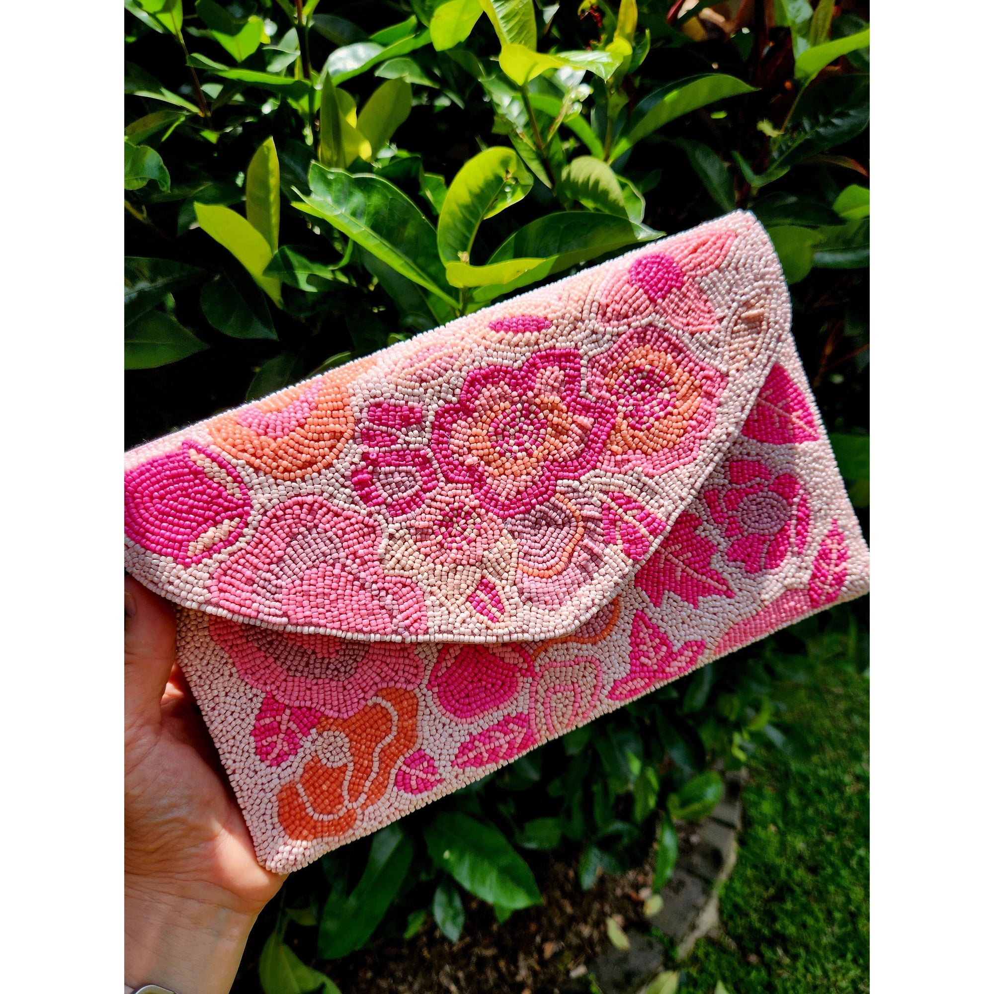 Beaded Clutch - Bright Pink Floral