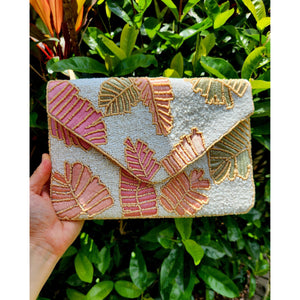 Beaded Foliage Envelope Clutch - White/Multi