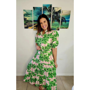 Maxi Tiered Dress - Pink Palm Tree