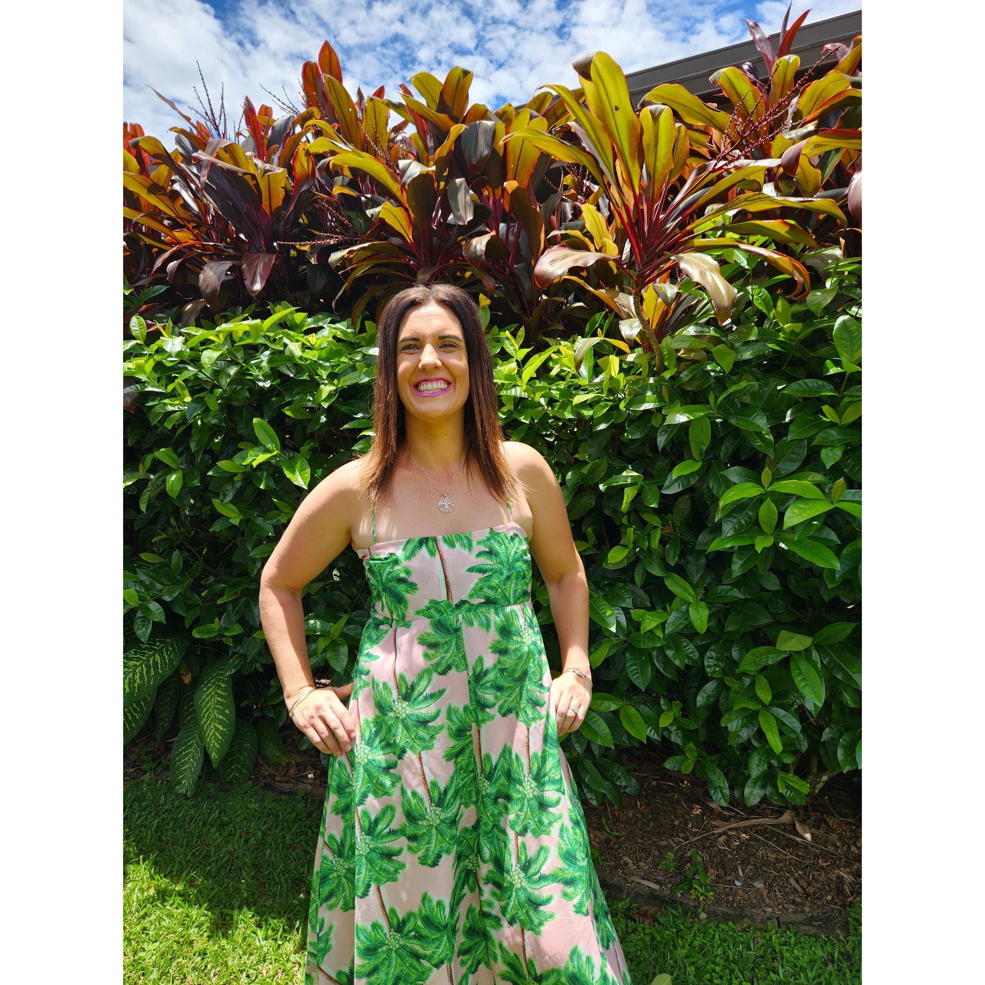 Palmy Vibes: Shoestring Dress in Pink and Green Palm Print