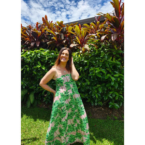 Palmy Vibes: Shoestring Dress in Pink and Green Palm Print