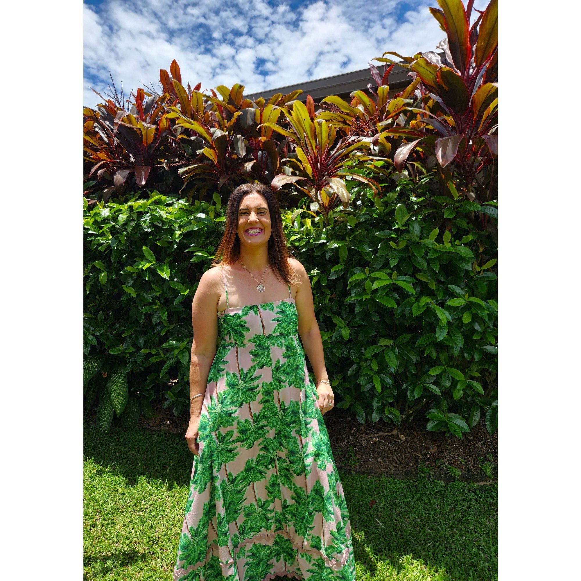 Palmy Vibes: Shoestring Dress in Pink and Green Palm Print