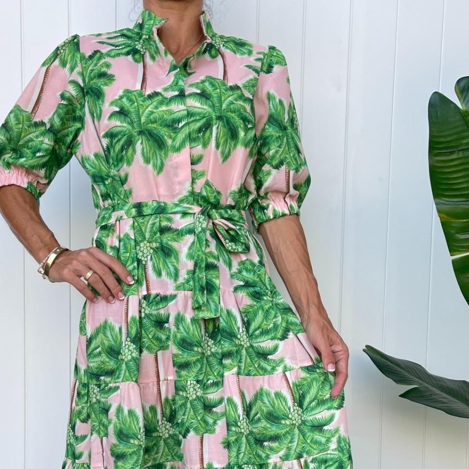 Pink dress with green palm leaves best sale