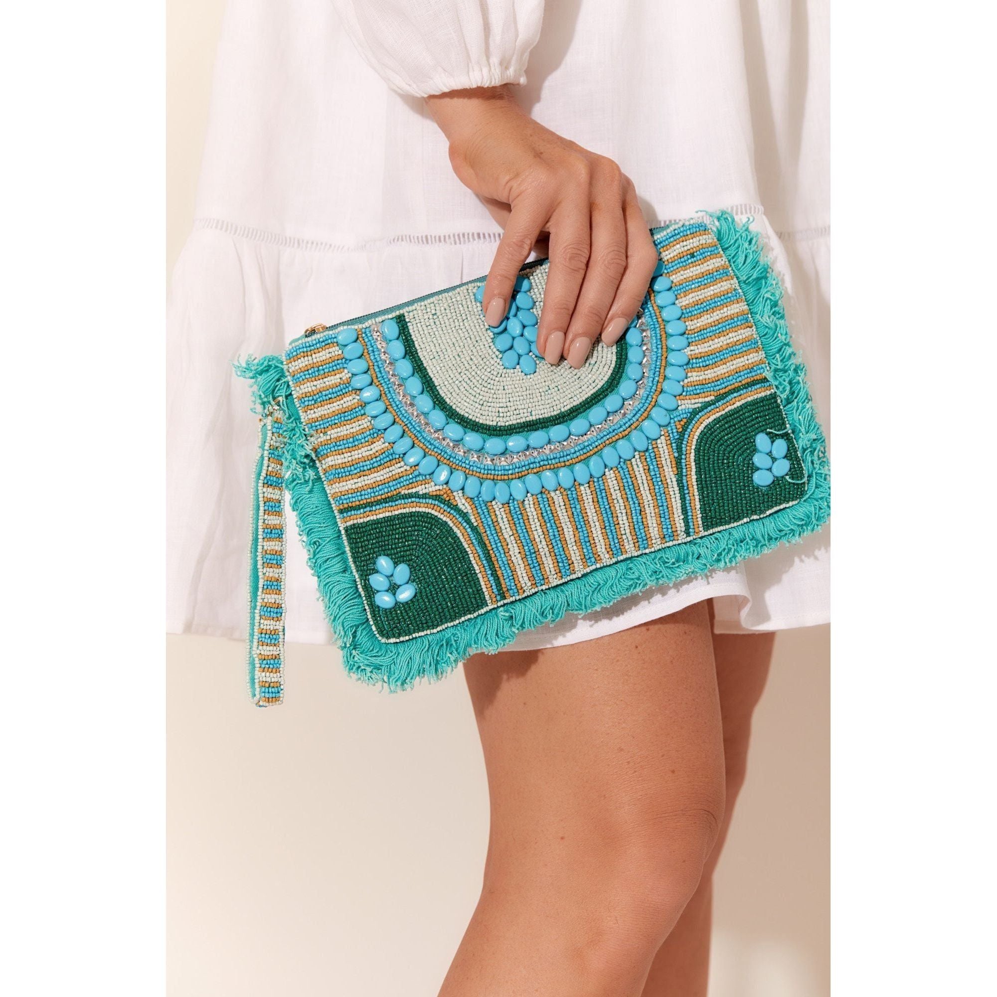 Santorini Fringe Edge Clutch (Turquoise)