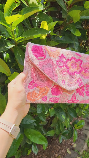 Beaded Clutch - Bright Pink Floral